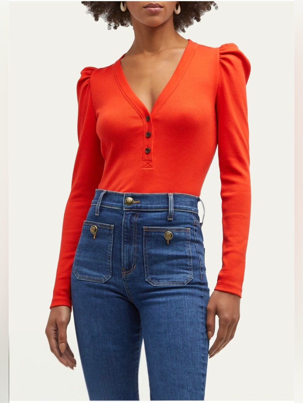 VERONICA BEARD Dekalb Puff Sleeve Rib Stretch Cotton Top
